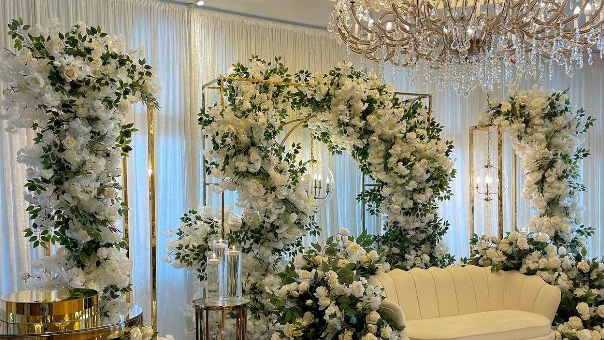Draped ceiling installation viewed from below at a corporate event